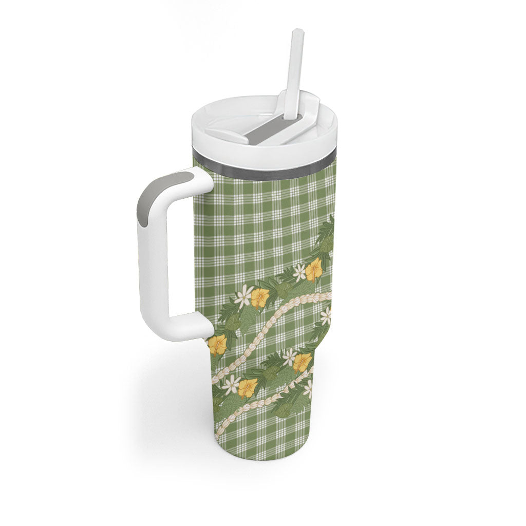 Aloha Puakenikeni Anthurium Pikake Lei Tumbler With Handle Green Hawaiian Palaka Pattern
