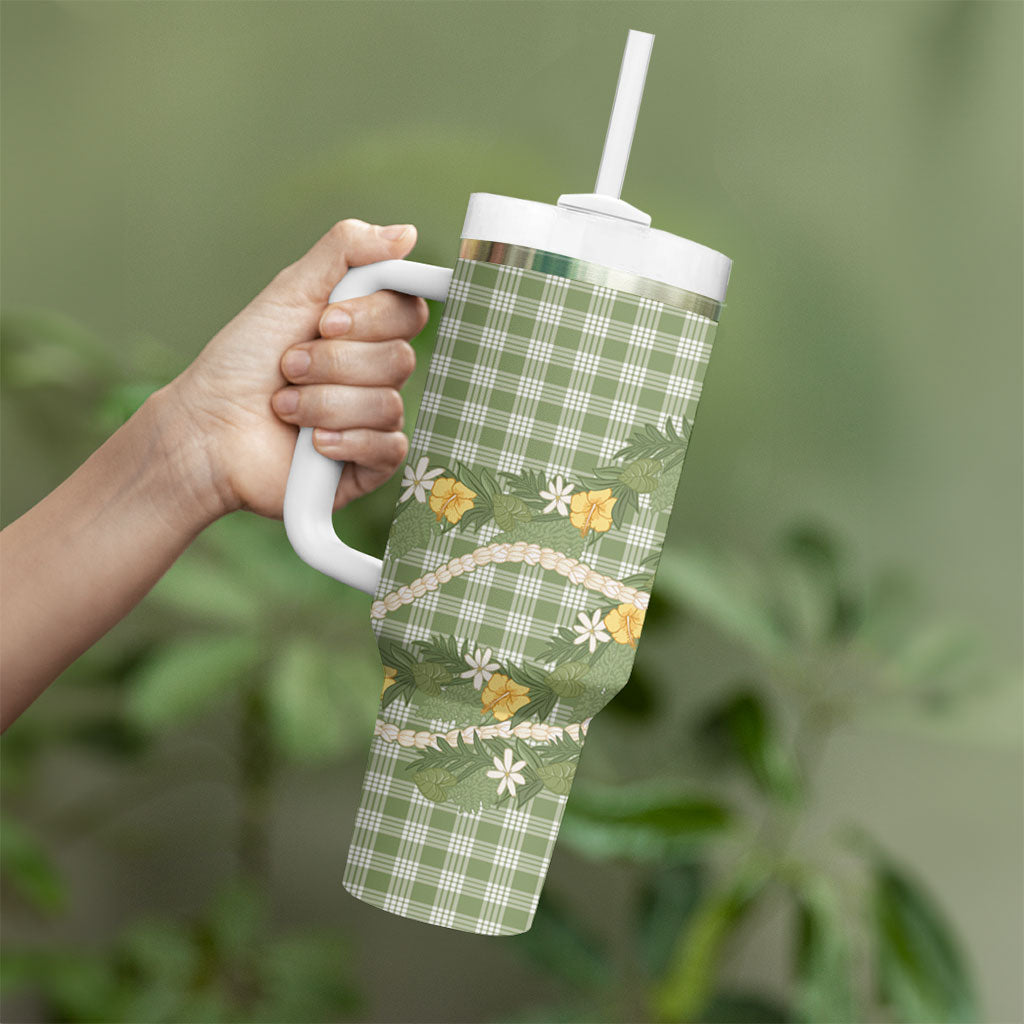 Aloha Puakenikeni Anthurium Pikake Lei Tumbler With Handle Green Hawaiian Palaka Pattern