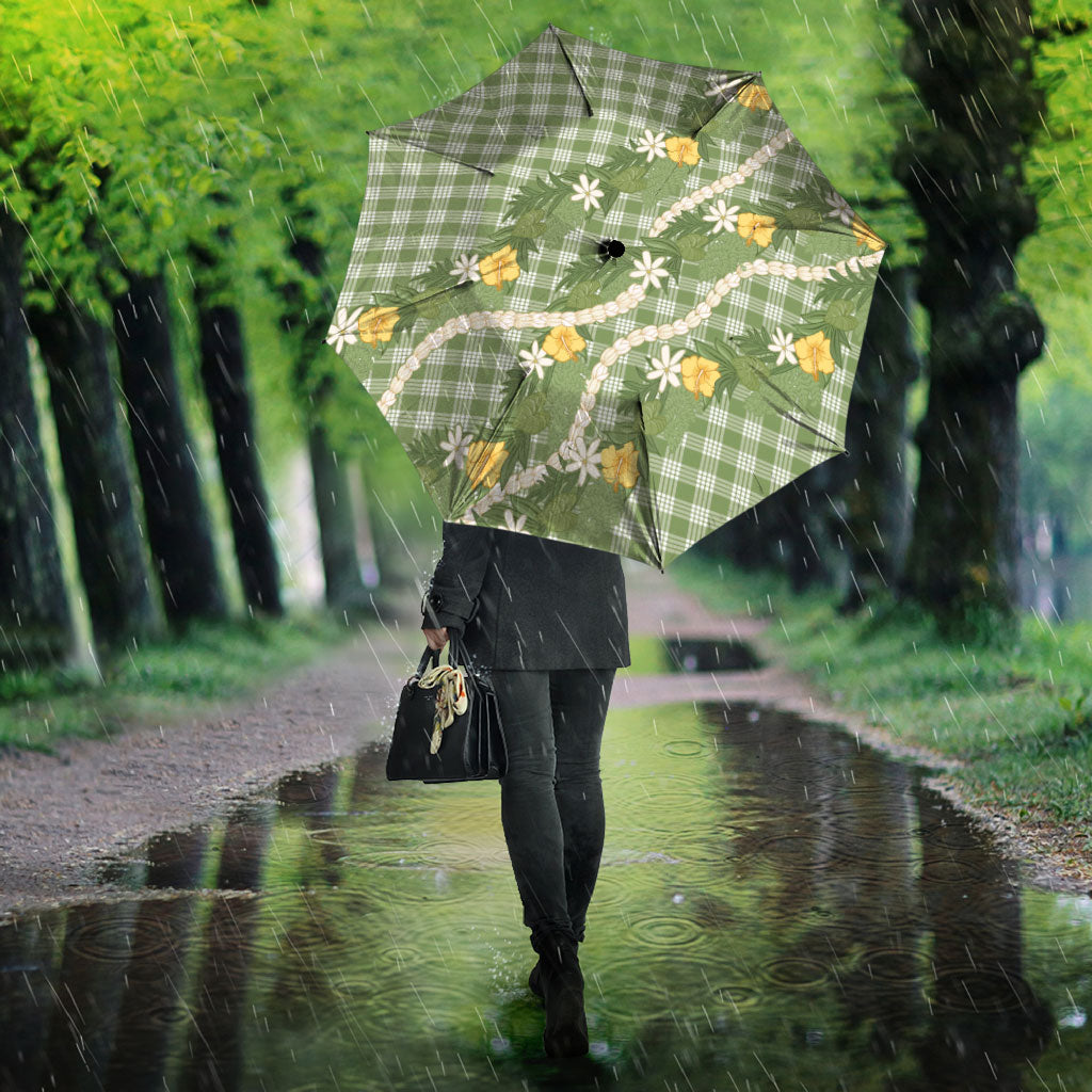 Aloha Puakenikeni Anthurium Pikake Lei Umbrella Green Hawaiian Palaka Pattern