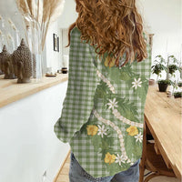 Aloha Puakenikeni Anthurium Pikake Lei Women Casual Shirt Green Hawaiian Palaka Pattern