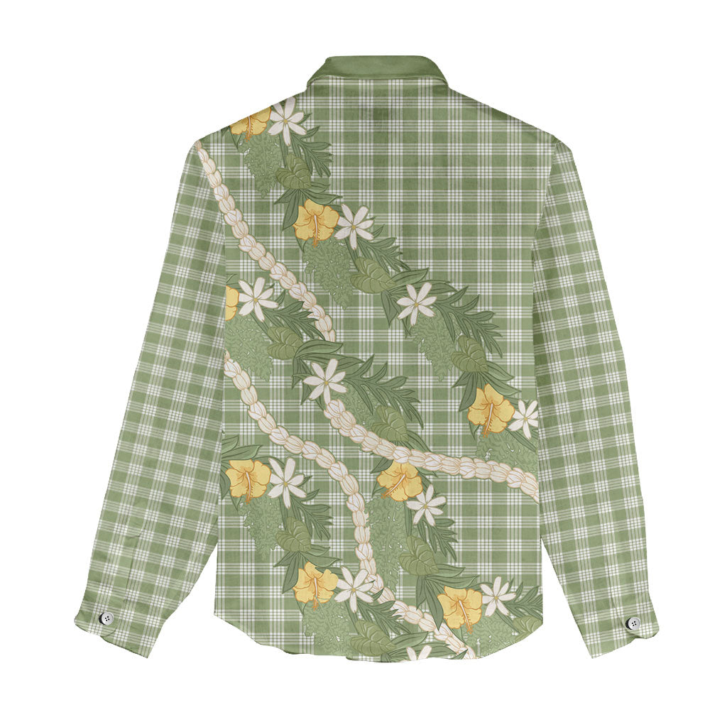 Aloha Puakenikeni Anthurium Pikake Lei Women Casual Shirt Green Hawaiian Palaka Pattern