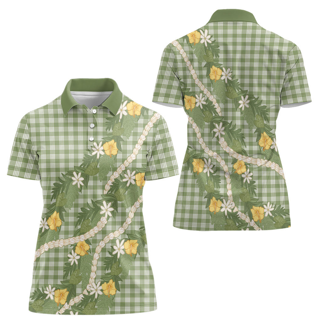 Aloha Puakenikeni Anthurium Pikake Lei Women Polo Shirt Green Hawaiian Palaka Pattern