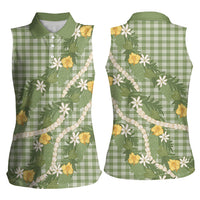 Aloha Puakenikeni Anthurium Pikake Lei Women Sleeveless Polo Shirt Green Hawaiian Palaka Pattern