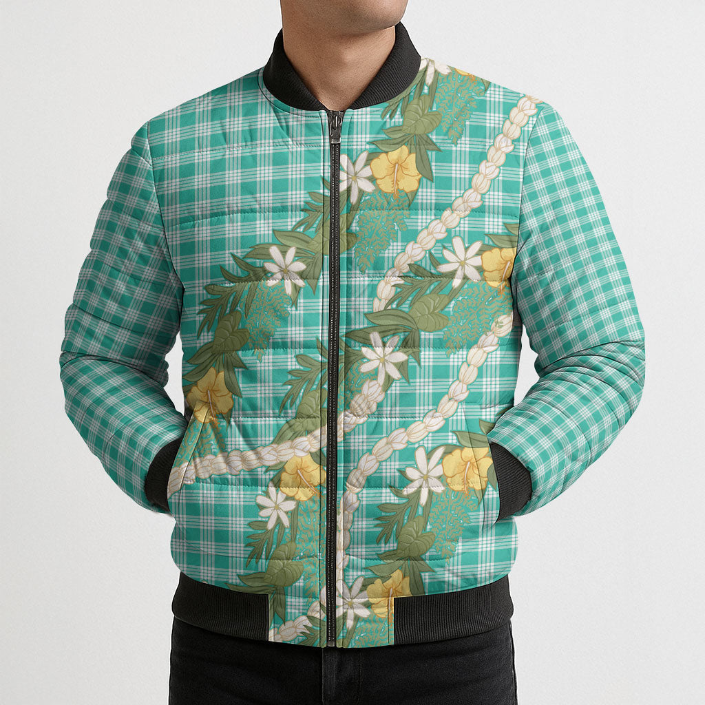 Aloha Puakenikeni Anthurium Pikake Lei Bomber Puffer Jacket Marine Hawaiian Palaka Pattern