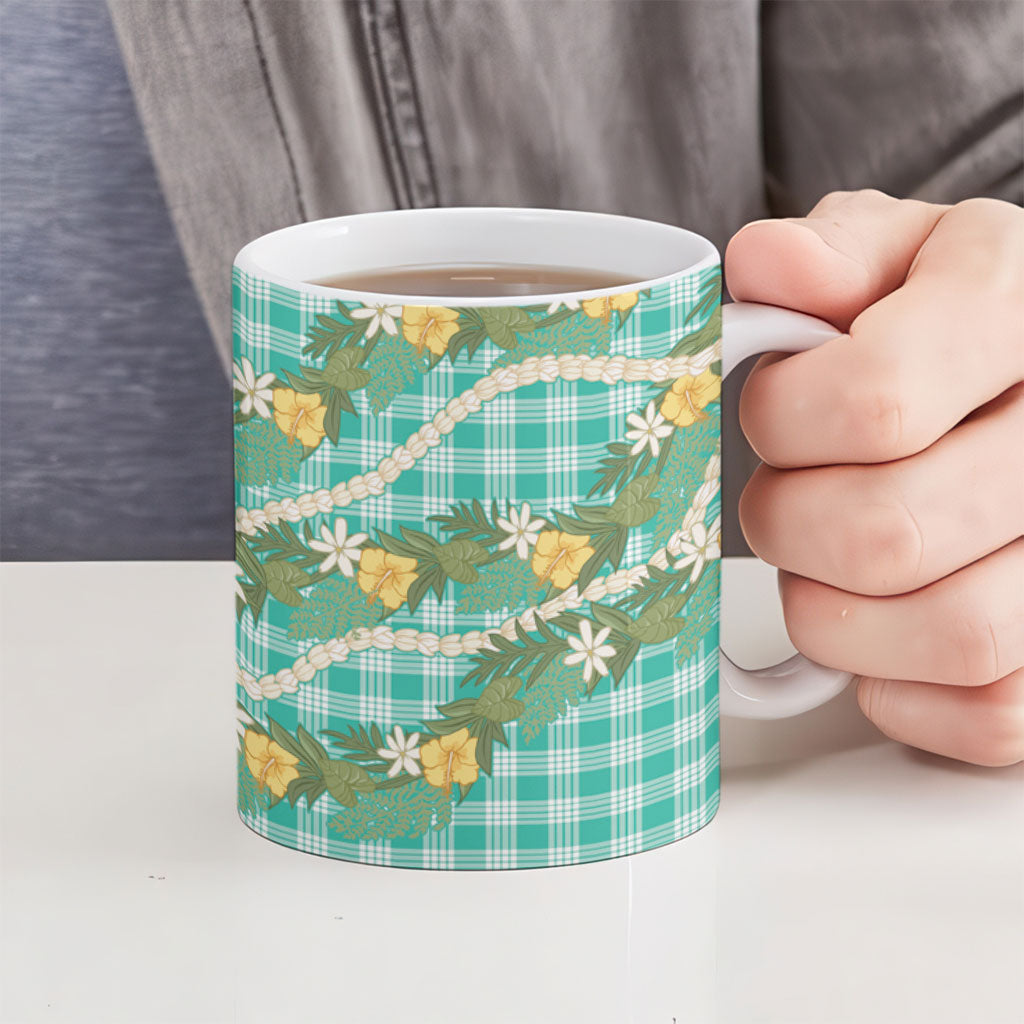 Aloha Puakenikeni Anthurium Pikake Lei Ceramic Mug Marine Hawaiian Palaka Pattern