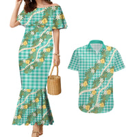 Aloha Puakenikeni Anthurium Pikake Lei Couples Matching Mermaid Dress and Hawaiian Shirt Marine Hawaiian Palaka Pattern