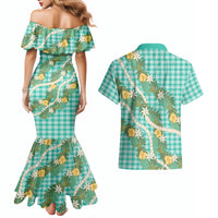 Aloha Puakenikeni Anthurium Pikake Lei Couples Matching Mermaid Dress and Hawaiian Shirt Marine Hawaiian Palaka Pattern