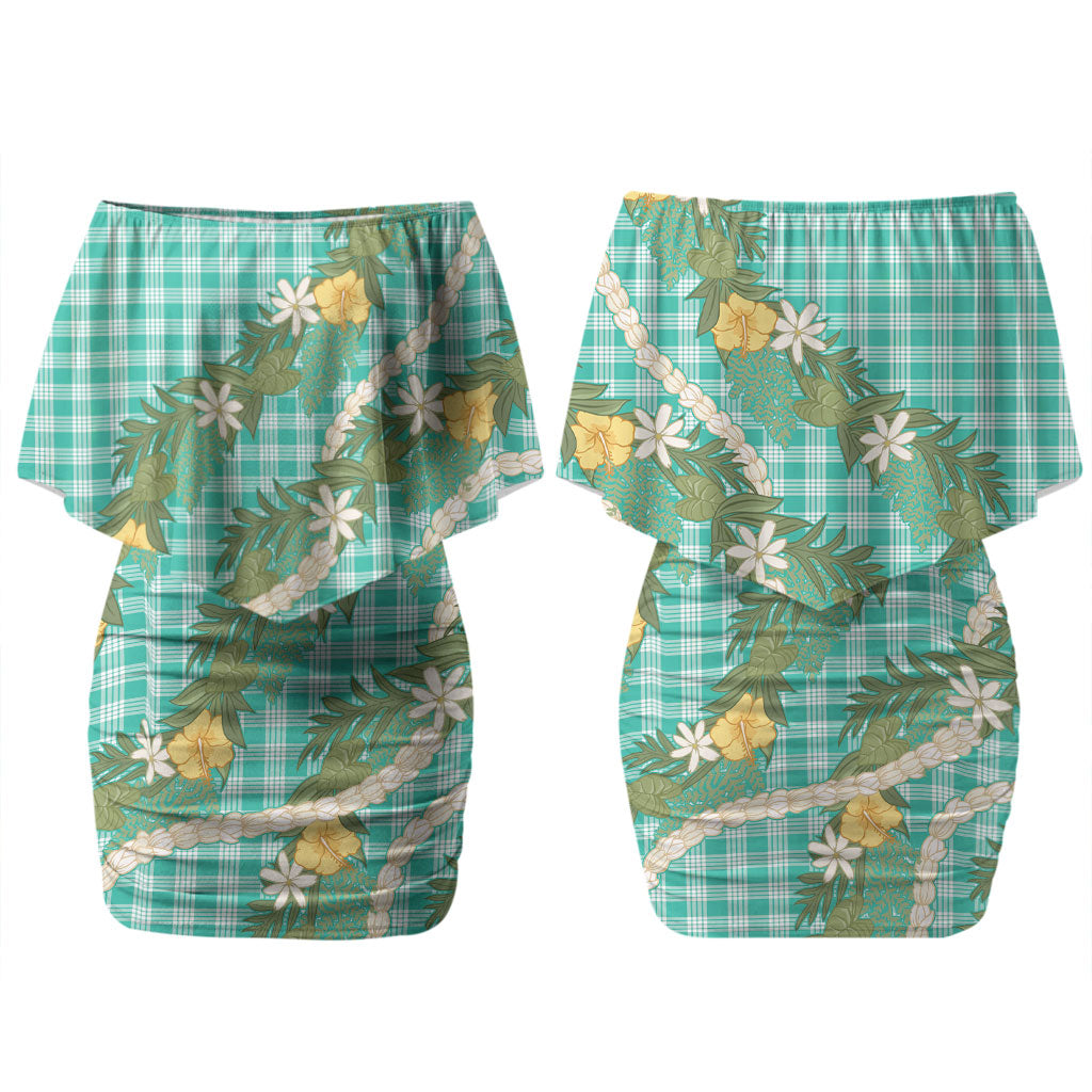 Aloha Puakenikeni Anthurium Pikake Lei Couples Matching Off Shoulder Short Dress and Long Sleeve Button Shirt Marine Hawaiian Palaka Pattern LT9 - Polynesian Pride