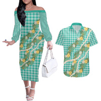 Aloha Puakenikeni Anthurium Pikake Lei Couples Matching Off The Shoulder Long Sleeve Dress and Hawaiian Shirt Marine Hawaiian Palaka Pattern