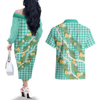 Aloha Puakenikeni Anthurium Pikake Lei Couples Matching Off The Shoulder Long Sleeve Dress and Hawaiian Shirt Marine Hawaiian Palaka Pattern