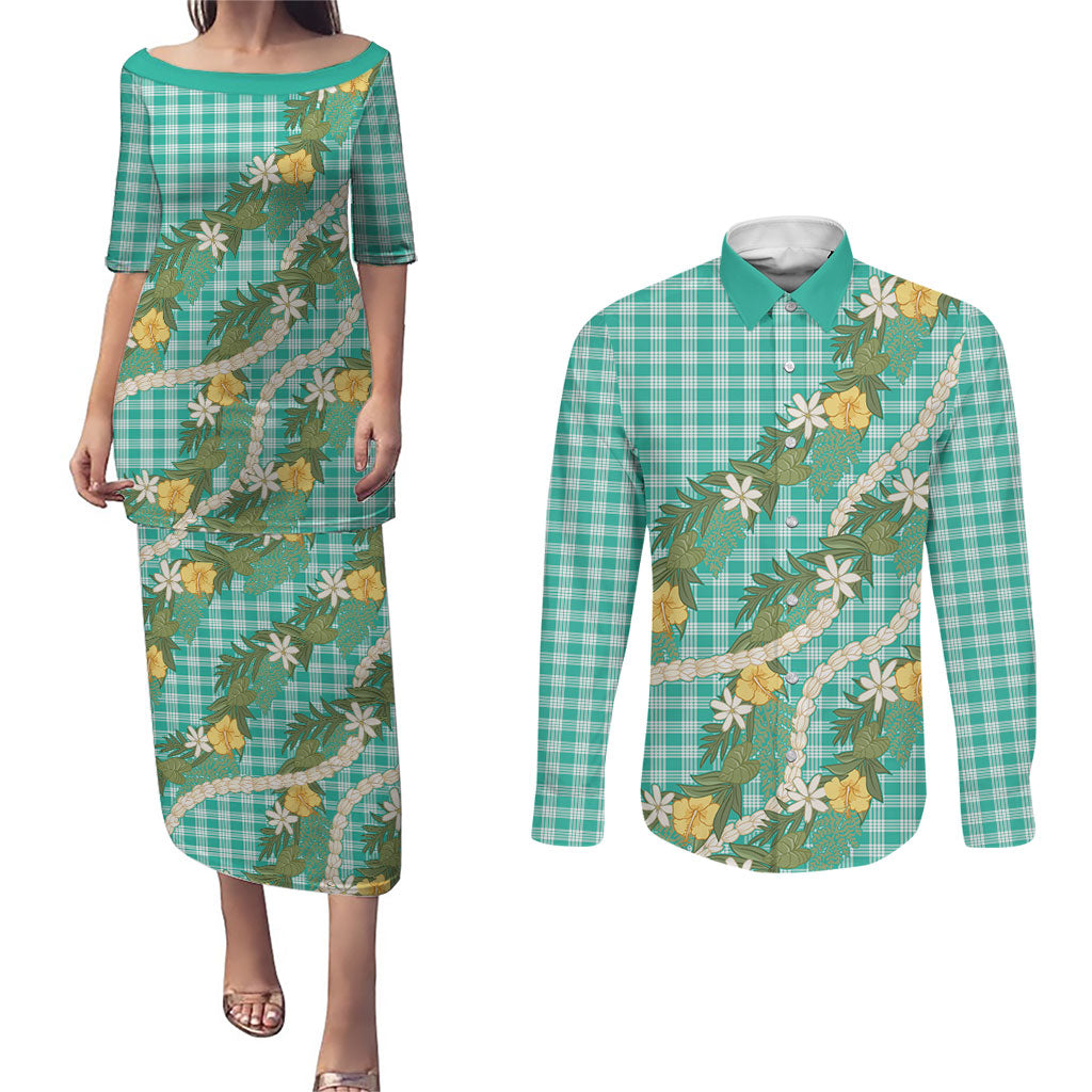 Aloha Puakenikeni Anthurium Pikake Lei Couples Matching Puletasi and Long Sleeve Button Shirt Marine Hawaiian Palaka Pattern