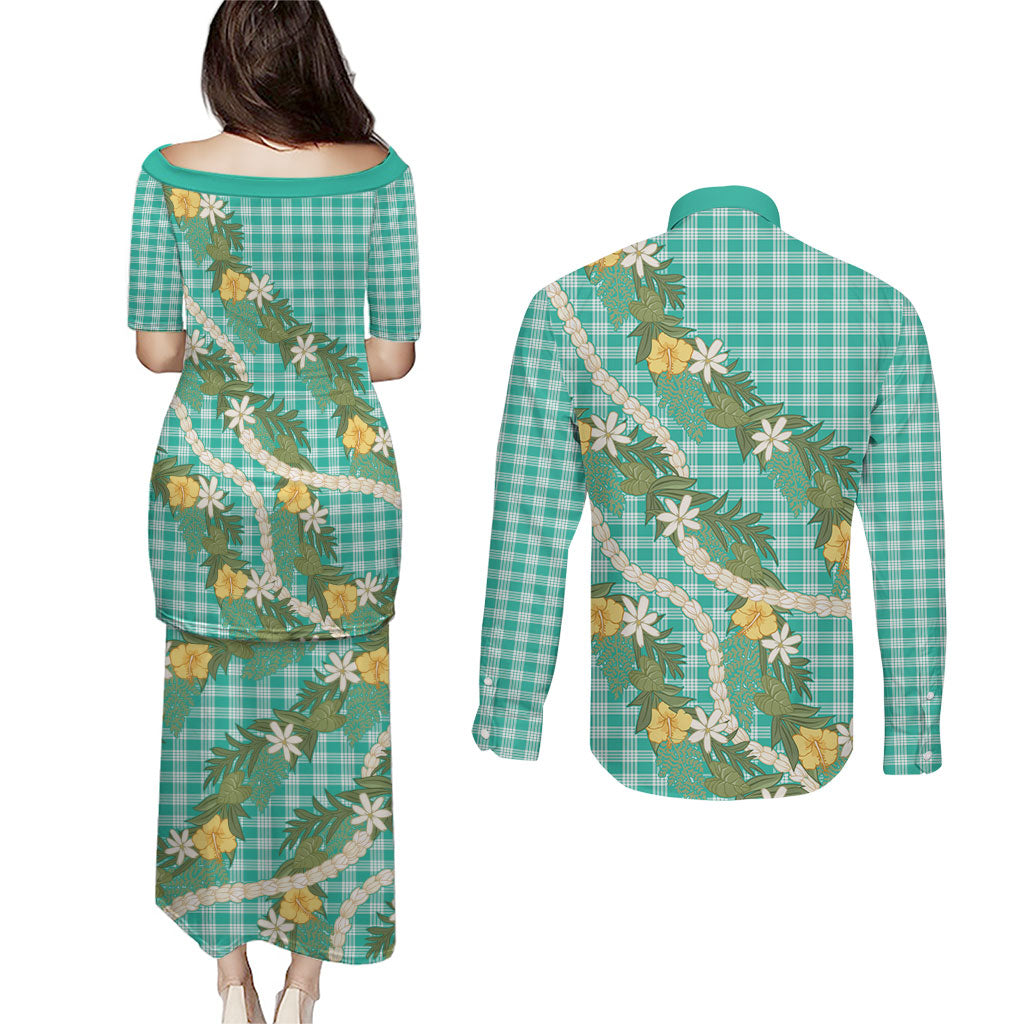 Aloha Puakenikeni Anthurium Pikake Lei Couples Matching Puletasi and Long Sleeve Button Shirt Marine Hawaiian Palaka Pattern