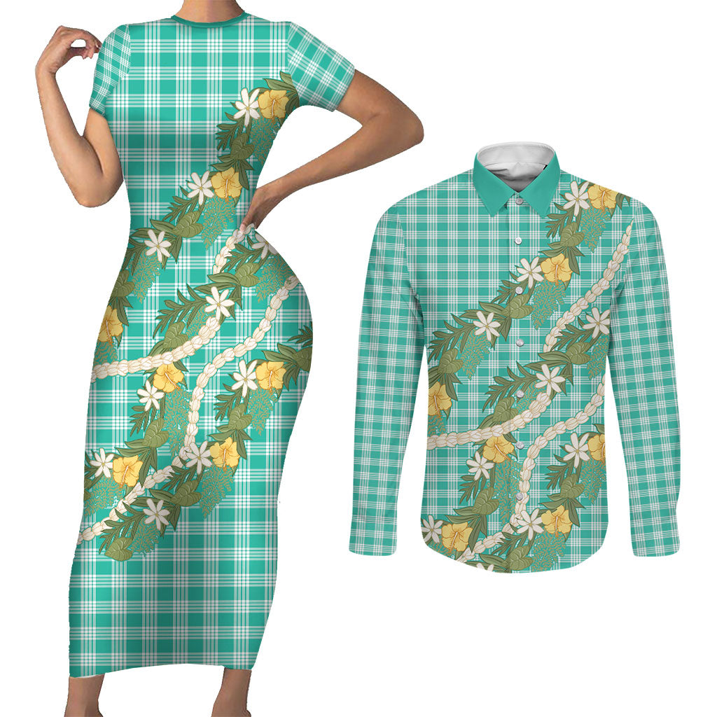 Aloha Puakenikeni Anthurium Pikake Lei Couples Matching Short Sleeve Bodycon Dress and Long Sleeve Button Shirt Marine Hawaiian Palaka Pattern LT9 Marine - Polynesian Pride