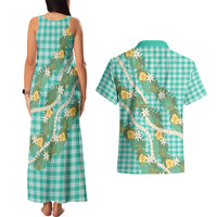 Aloha Puakenikeni Anthurium Pikake Lei Couples Matching Tank Maxi Dress and Hawaiian Shirt Marine Hawaiian Palaka Pattern