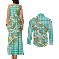 Aloha Puakenikeni Anthurium Pikake Lei Couples Matching Tank Maxi Dress and Long Sleeve Button Shirt Marine Hawaiian Palaka Pattern