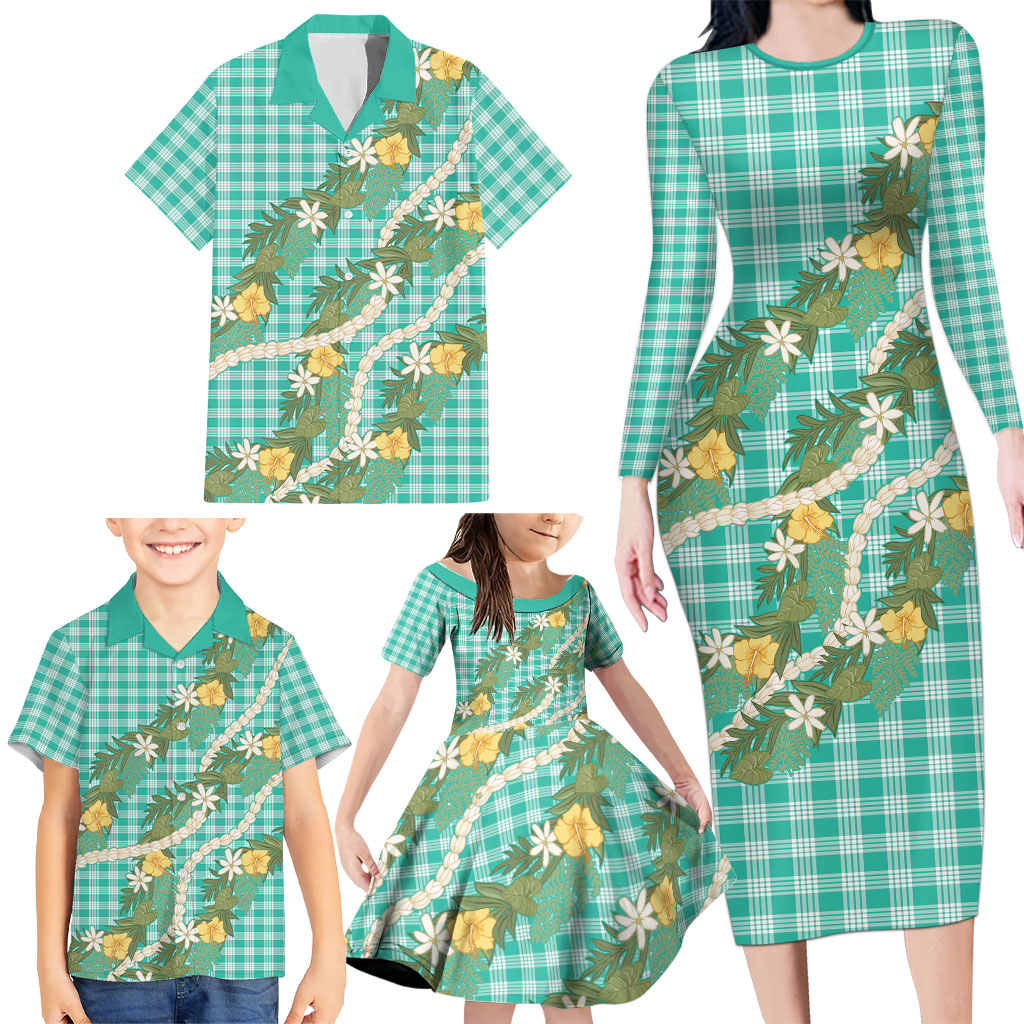 Aloha Puakenikeni Anthurium Pikake Lei Family Matching Long Sleeve Bodycon Dress and Hawaiian Shirt Marine Hawaiian Palaka Pattern