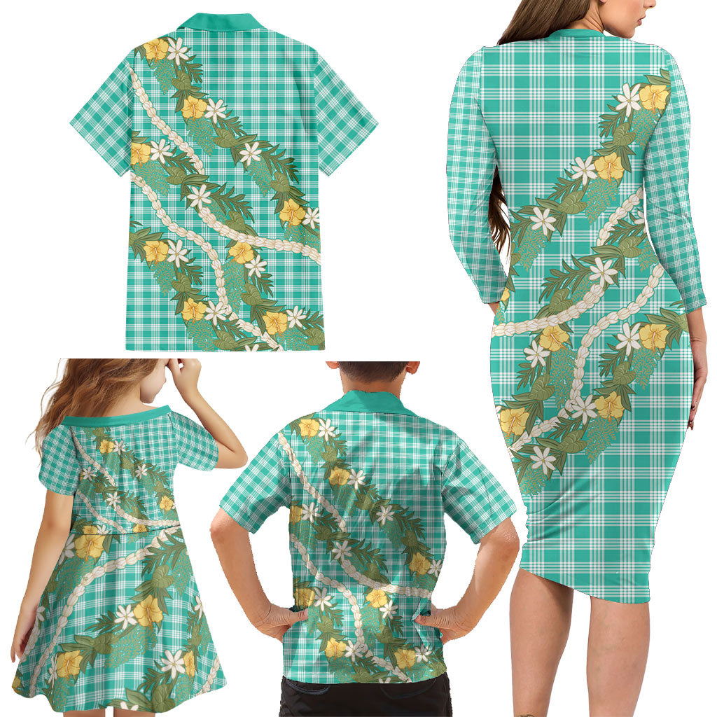 Aloha Puakenikeni Anthurium Pikake Lei Family Matching Long Sleeve Bodycon Dress and Hawaiian Shirt Marine Hawaiian Palaka Pattern