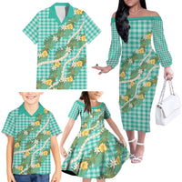 Aloha Puakenikeni Anthurium Pikake Lei Family Matching Off The Shoulder Long Sleeve Dress and Hawaiian Shirt Marine Hawaiian Palaka Pattern