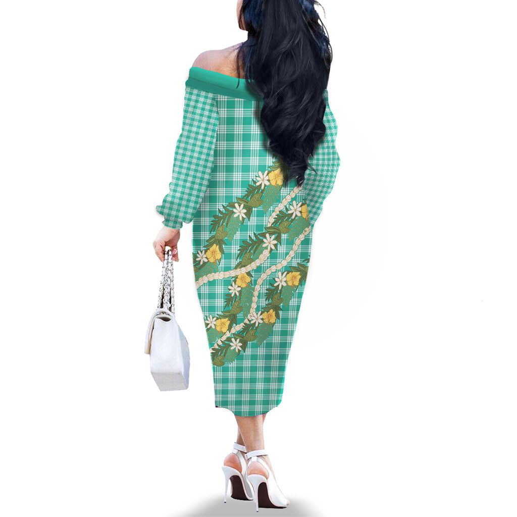 Aloha Puakenikeni Anthurium Pikake Lei Family Matching Off The Shoulder Long Sleeve Dress and Hawaiian Shirt Marine Hawaiian Palaka Pattern