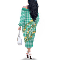 Aloha Puakenikeni Anthurium Pikake Lei Family Matching Off The Shoulder Long Sleeve Dress and Hawaiian Shirt Marine Hawaiian Palaka Pattern
