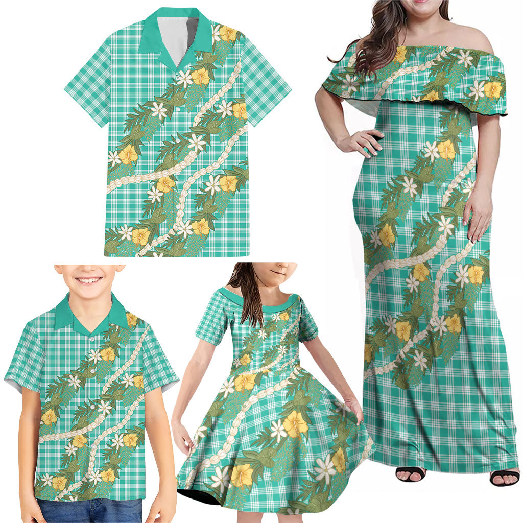 Aloha Puakenikeni Anthurium Pikake Lei Family Matching Off Shoulder Maxi Dress and Hawaiian Shirt Marine Hawaiian Palaka Pattern