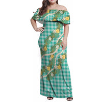 Aloha Puakenikeni Anthurium Pikake Lei Family Matching Off Shoulder Maxi Dress and Hawaiian Shirt Marine Hawaiian Palaka Pattern