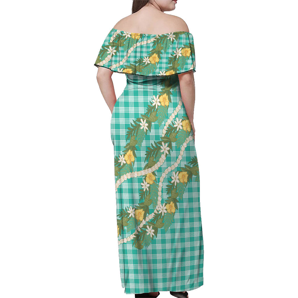 Aloha Puakenikeni Anthurium Pikake Lei Family Matching Off Shoulder Maxi Dress and Hawaiian Shirt Marine Hawaiian Palaka Pattern