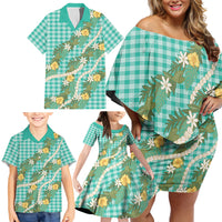 Aloha Puakenikeni Anthurium Pikake Lei Family Matching Off Shoulder Short Dress and Hawaiian Shirt Marine Hawaiian Palaka Pattern