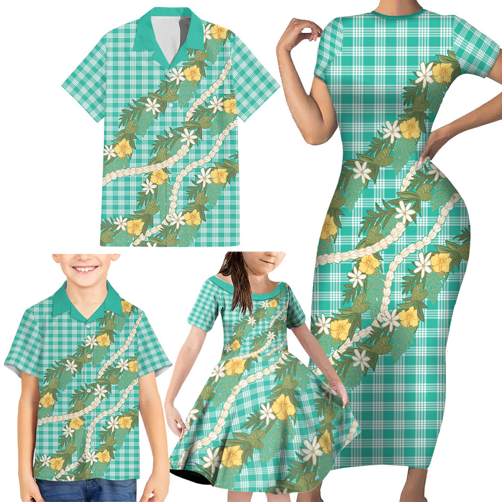 Aloha Puakenikeni Anthurium Pikake Lei Family Matching Short Sleeve Bodycon Dress and Hawaiian Shirt Marine Hawaiian Palaka Pattern