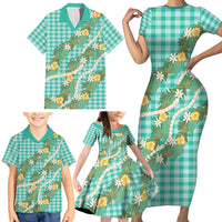 Aloha Puakenikeni Anthurium Pikake Lei Family Matching Short Sleeve Bodycon Dress and Hawaiian Shirt Marine Hawaiian Palaka Pattern