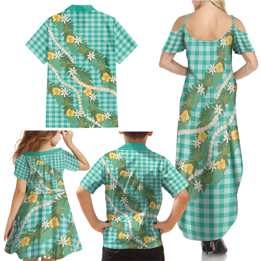 Aloha Puakenikeni Anthurium Pikake Lei Family Matching Summer Maxi Dress and Hawaiian Shirt Marine Hawaiian Palaka Pattern