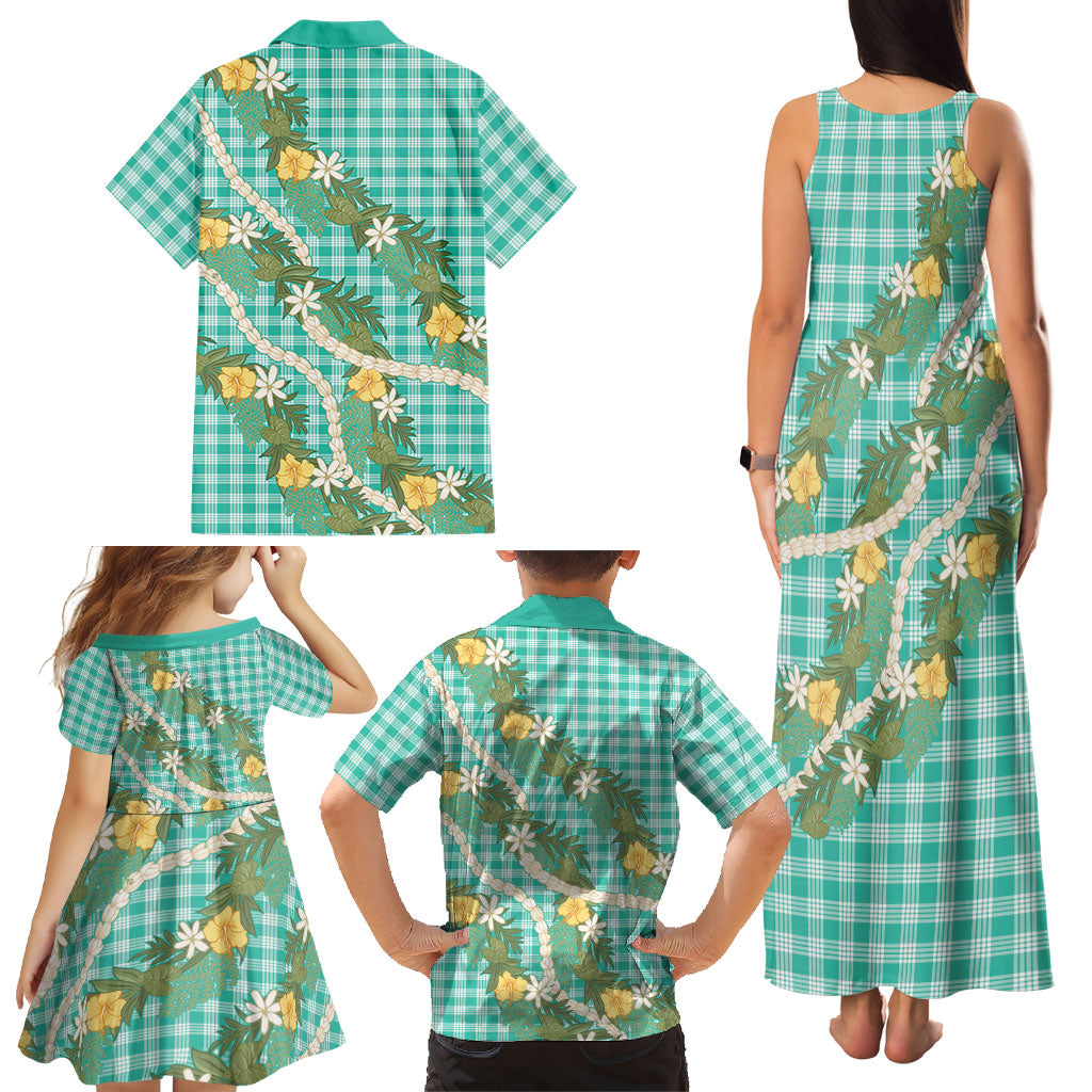 Aloha Puakenikeni Anthurium Pikake Lei Family Matching Tank Maxi Dress and Hawaiian Shirt Marine Hawaiian Palaka Pattern