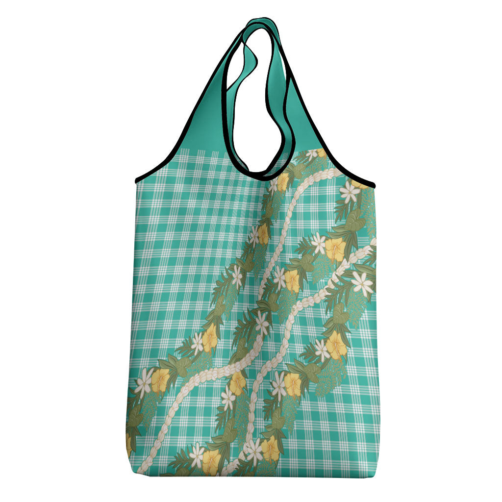 Aloha Puakenikeni Anthurium Pikake Lei Grocery Bag Marine Hawaiian Palaka Pattern