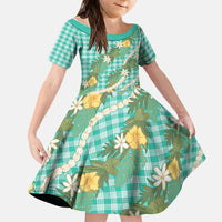 Aloha Puakenikeni Anthurium Pikake Lei Kid Short Sleeve Dress Marine Hawaiian Palaka Pattern