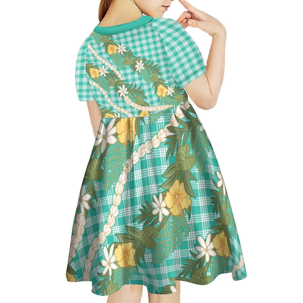 Aloha Puakenikeni Anthurium Pikake Lei Kid Short Sleeve Dress Marine Hawaiian Palaka Pattern