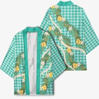 Aloha Puakenikeni Anthurium Pikake Lei Kimono Marine Hawaiian Palaka Pattern