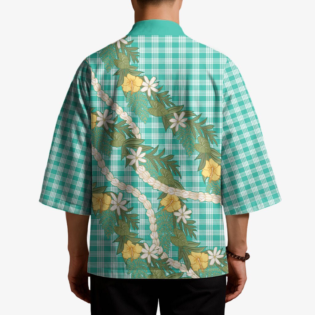 Aloha Puakenikeni Anthurium Pikake Lei Kimono Marine Hawaiian Palaka Pattern