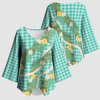 Aloha Puakenikeni Anthurium Pikake Lei Kimono Sleeve Blouse Marine Hawaiian Palaka Pattern