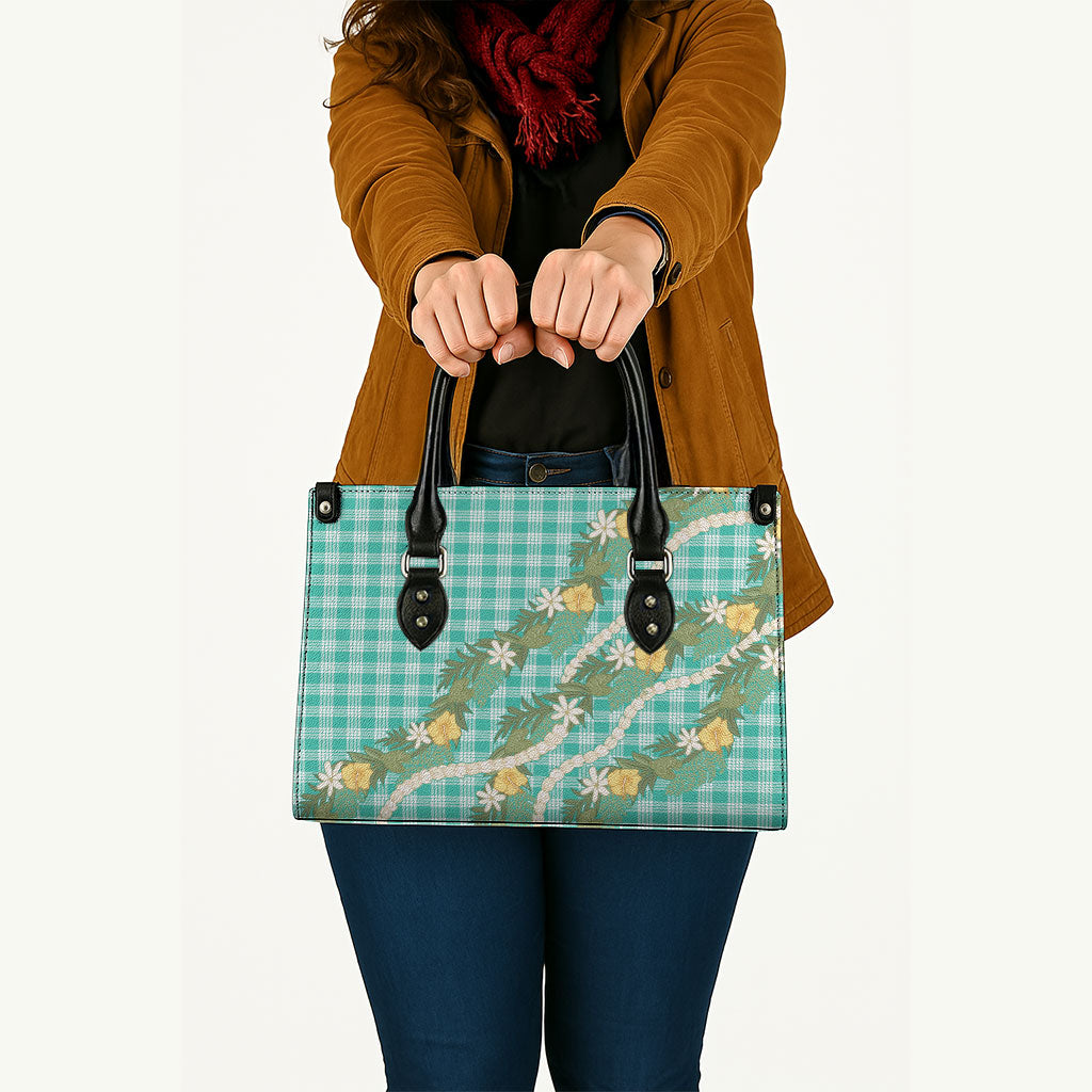 Aloha Puakenikeni Anthurium Pikake Lei Leather Bag Marine Hawaiian Palaka Pattern