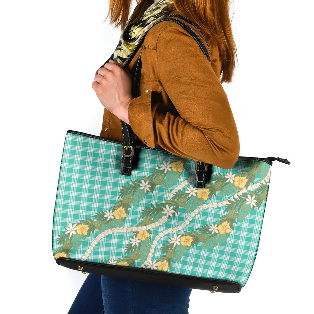 Aloha Puakenikeni Anthurium Pikake Lei Leather Tote Bag Marine Hawaiian Palaka Pattern