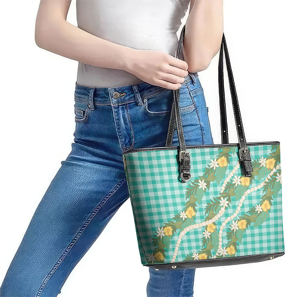 Aloha Puakenikeni Anthurium Pikake Lei Leather Tote Bag Marine Hawaiian Palaka Pattern