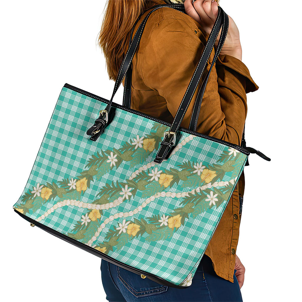 Aloha Puakenikeni Anthurium Pikake Lei Leather Tote Bag Marine Hawaiian Palaka Pattern