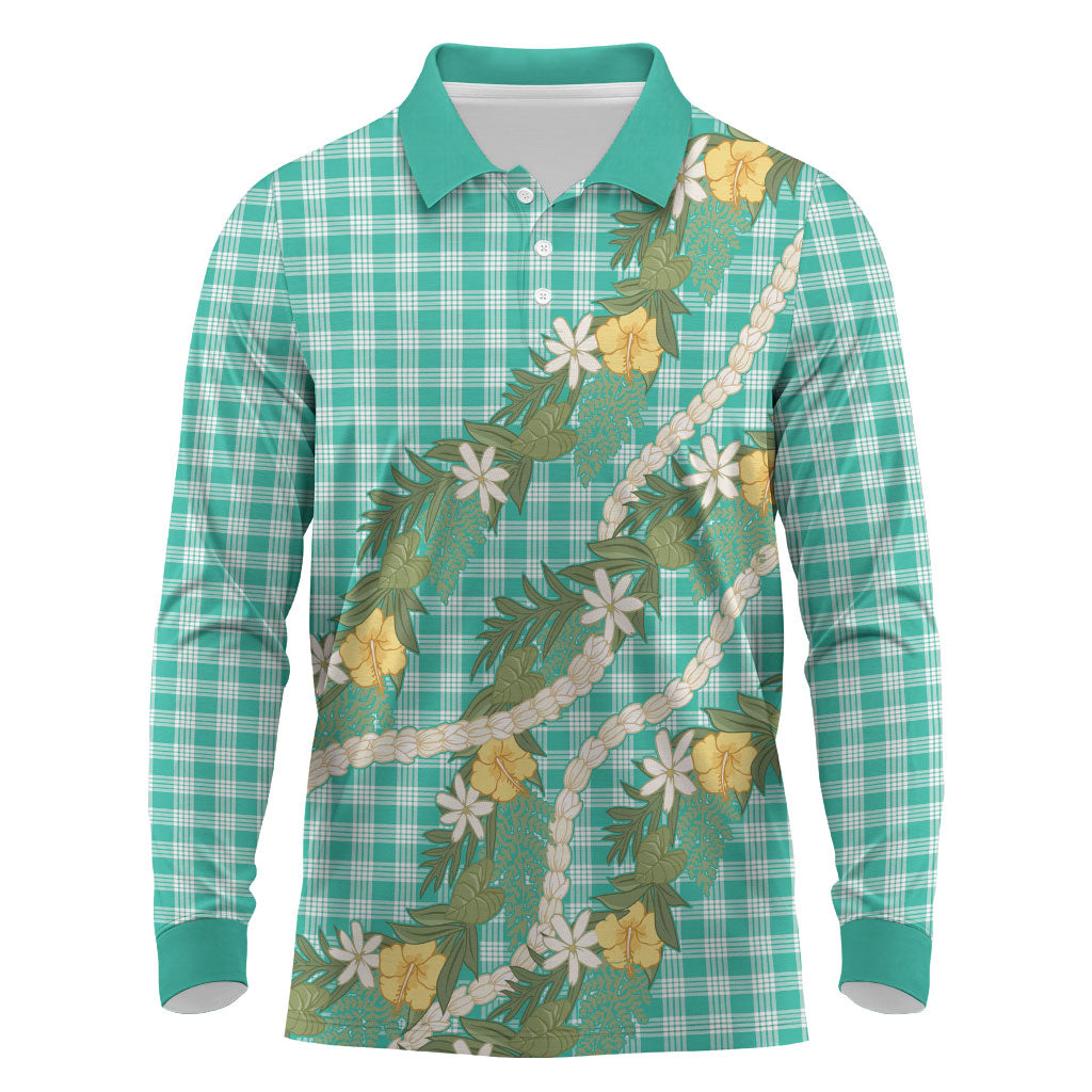Aloha Puakenikeni Anthurium Pikake Lei Long Sleeve Polo Shirt Marine Hawaiian Palaka Pattern