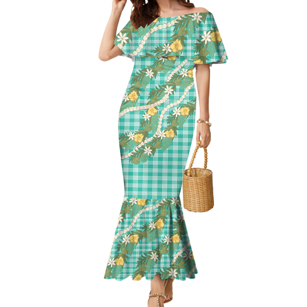Aloha Puakenikeni Anthurium Pikake Lei Mermaid Dress Marine Hawaiian Palaka Pattern