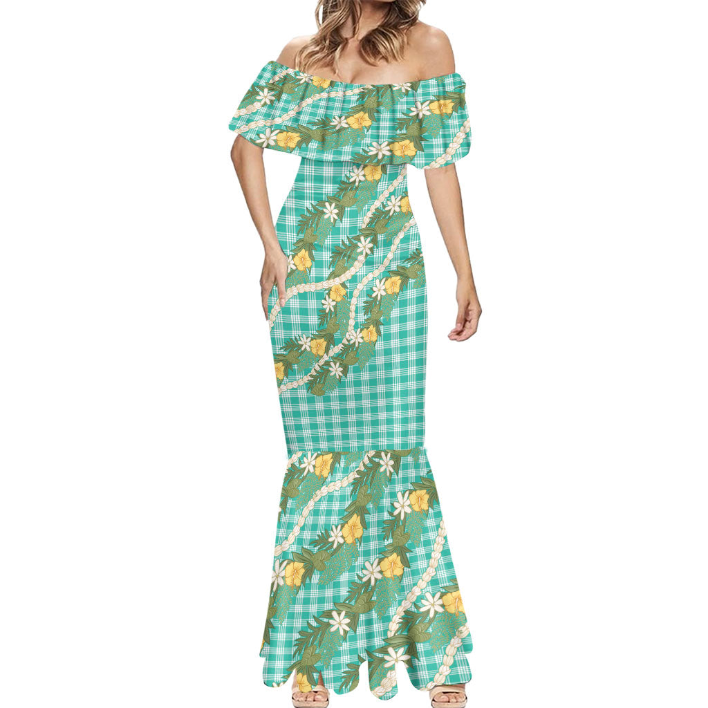Aloha Puakenikeni Anthurium Pikake Lei Mermaid Dress Marine Hawaiian Palaka Pattern