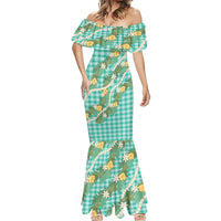 Aloha Puakenikeni Anthurium Pikake Lei Mermaid Dress Marine Hawaiian Palaka Pattern