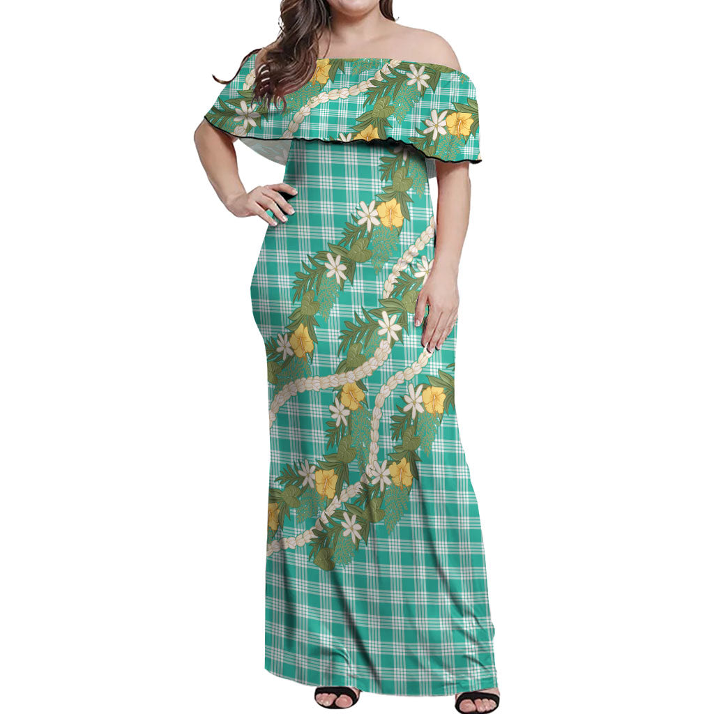 Aloha Puakenikeni Anthurium Pikake Lei Off Shoulder Maxi Dress Marine Hawaiian Palaka Pattern LT9 Women Marine - Polynesian Pride