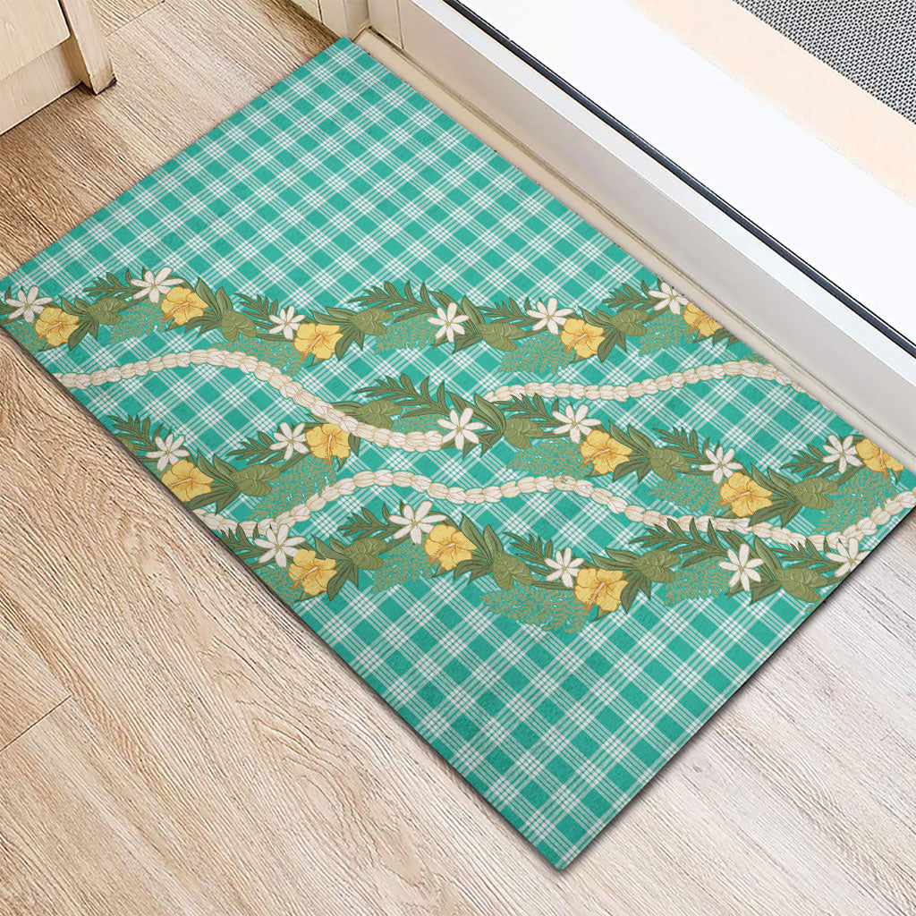 Aloha Puakenikeni Anthurium Pikake Lei Rubber Doormat Marine Hawaiian Palaka Pattern
