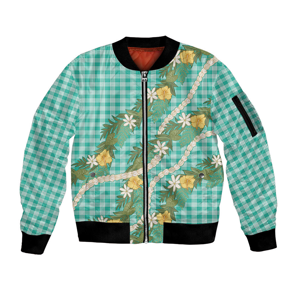 Aloha Puakenikeni Anthurium Pikake Lei Sleeve Zip Bomber Jacket Marine Hawaiian Palaka Pattern LT9 Unisex Marine - Polynesian Pride