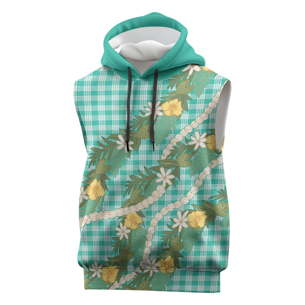 Aloha Puakenikeni Anthurium Pikake Lei Sleeveless Hoodie Marine Hawaiian Palaka Pattern